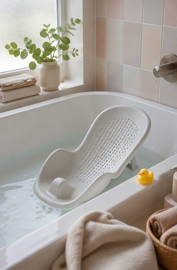 20 Baby Accessories Must Have Items for New Parents (2026) 16 A baby bath support positioned in a bathtub.