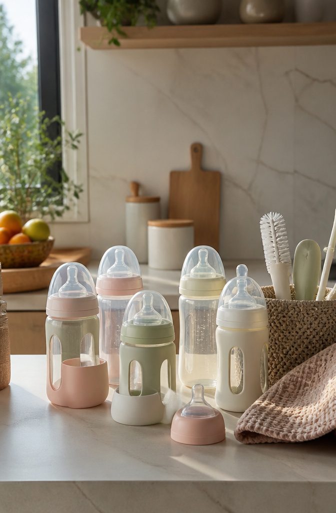20 Baby Accessories Must Have Items for New Parents (2026) 8 Various baby bottles displayed on a kitchen counter.