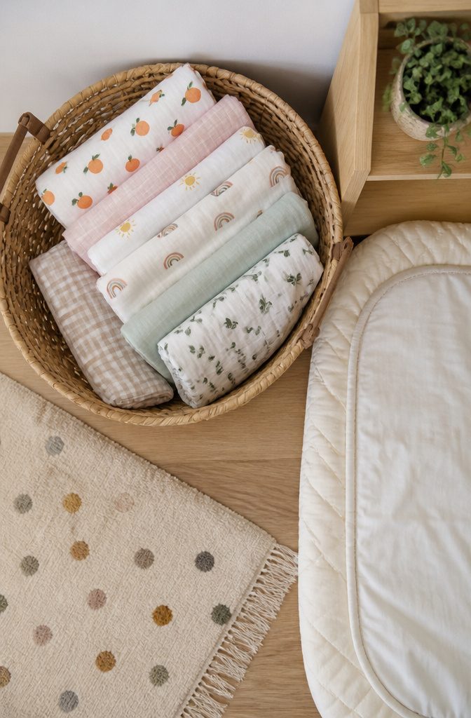 20 Baby Accessories Must Have Items for New Parents (2026) 10 Burp cloths displayed on a nursery dresser.