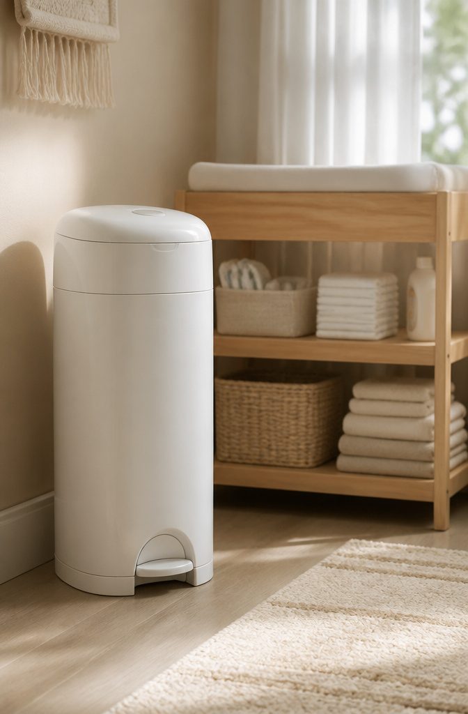 20 Baby Accessories Must Have Items for New Parents (2026) 14 A Diaper Genie pail used for disposing of diapers.