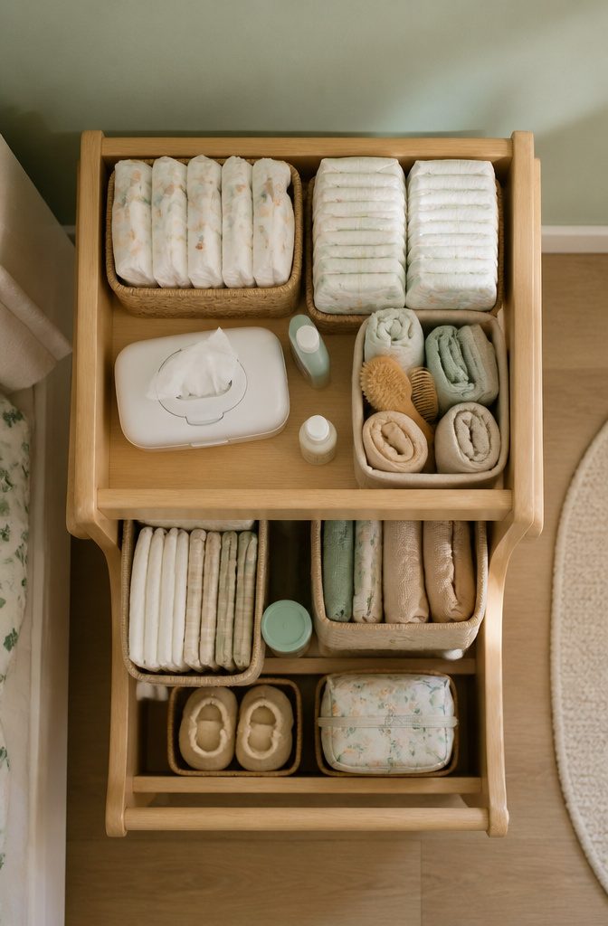 20 Baby Accessories Must Have Items for New Parents (2026) 6 A collection of diapers and wipes on a changing cart.