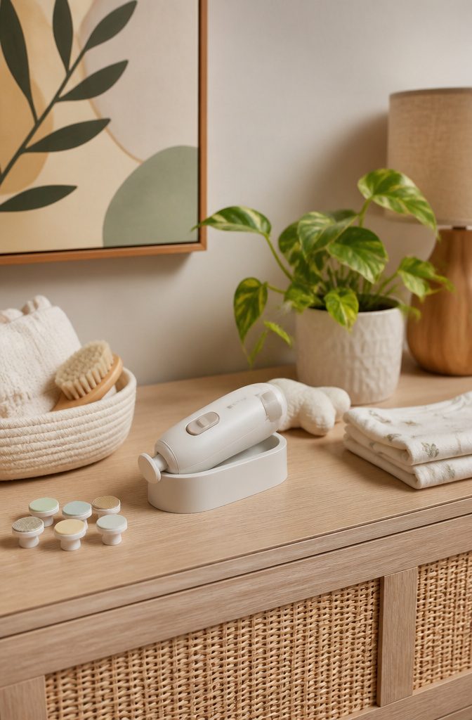 20 Baby Accessories Must Have Items for New Parents (2026) 18 A compact electric nail filer on a nursery dresser.