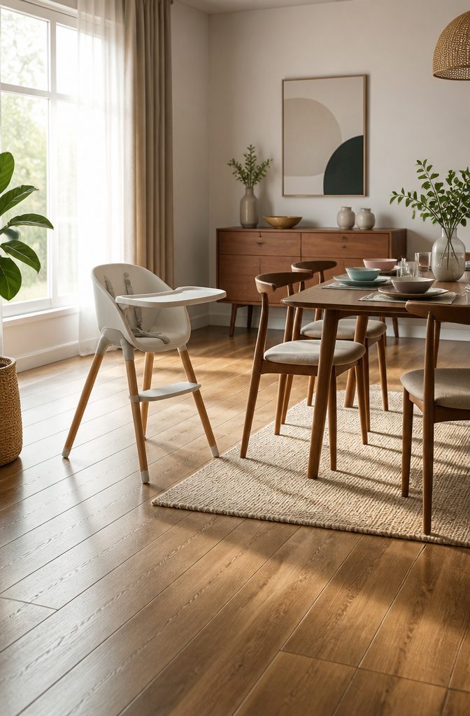 20 Baby Accessories Must Have Items for New Parents (2026) 12 A modern high chair positioned in a dining area.