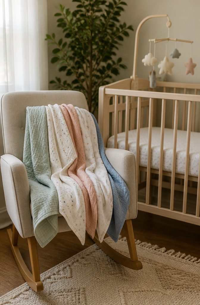 20 Baby Accessories Must Have Items for New Parents (2026) 3 Swaddle blankets displayed over a rocking chair in a nursery.