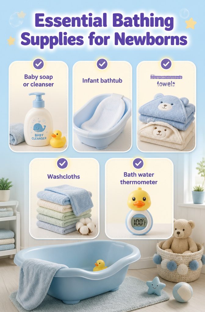 Baby Needs List: The Essential Checklist for Diapering to Baby's First Outings 5 Baby soap and soft washcloths arranged on a bathroom counter.