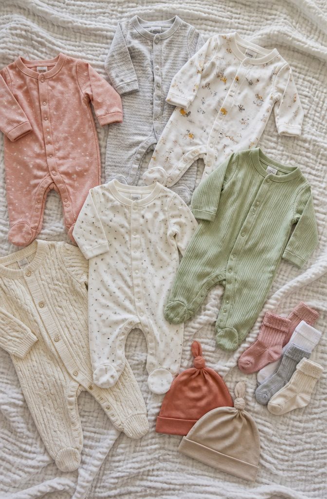 Baby Needs List: The Essential Checklist for Diapering to Baby's First Outings 2 A collection of baby onesies and footie pajamas in various colors.