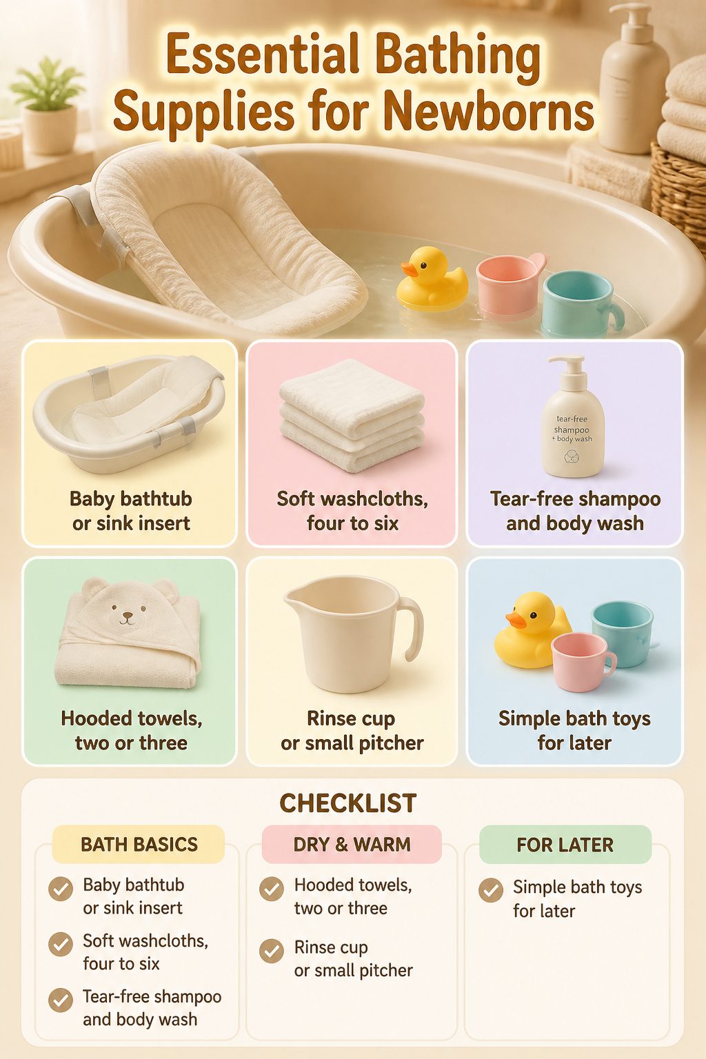 A baby bathtub with washcloths and shampoo on a countertop.