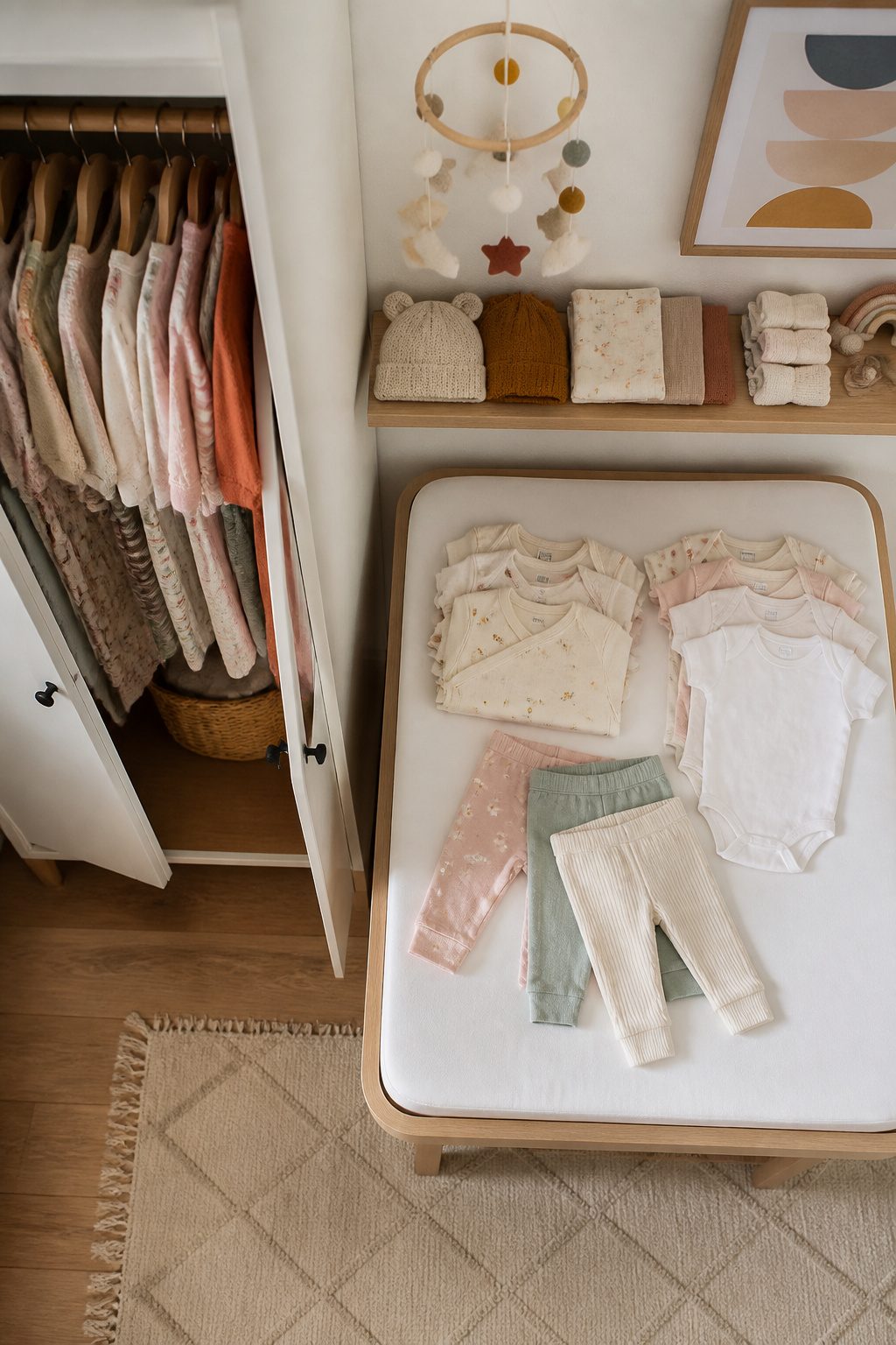A selection of baby clothing including onesies and sleepers.