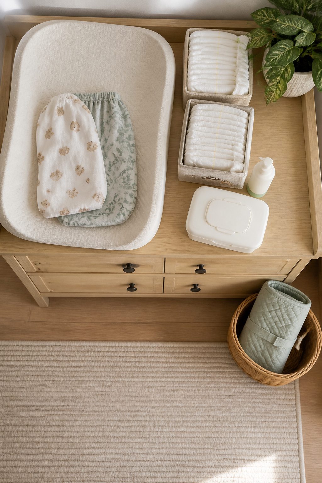 Boxes of diapers and wipes arranged for easy access.