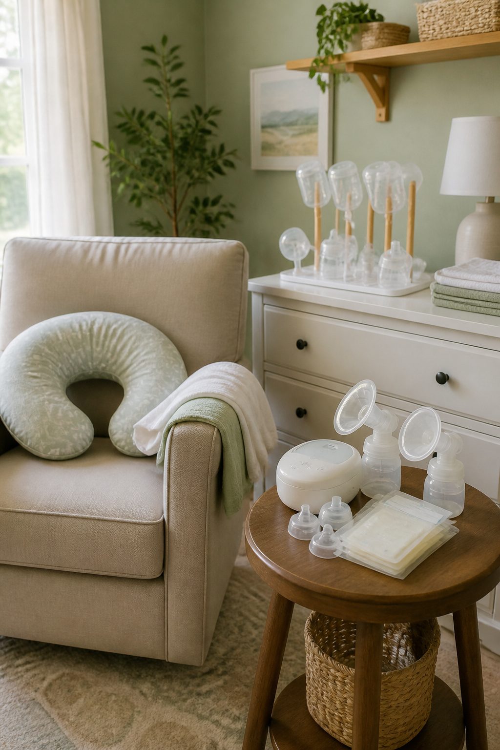 A feeding area with bottles, a nursing pillow, and a breast pump.