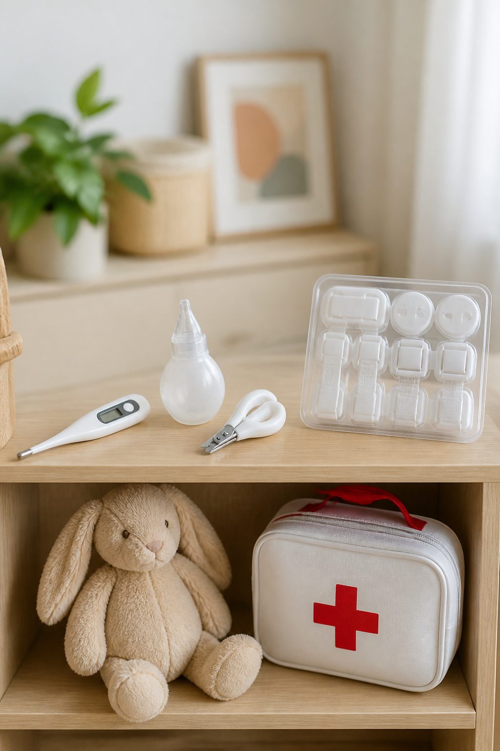 A digital thermometer and baby nail clippers on a table.