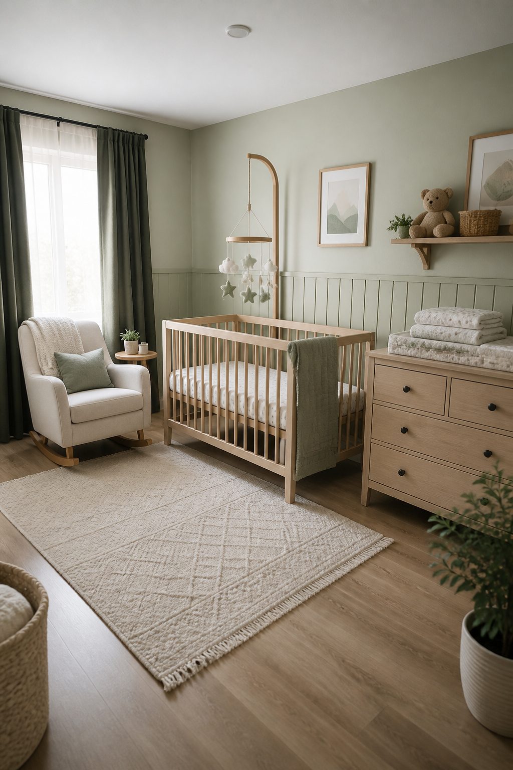 A crib with fitted sheets and a changing dresser in a nursery.