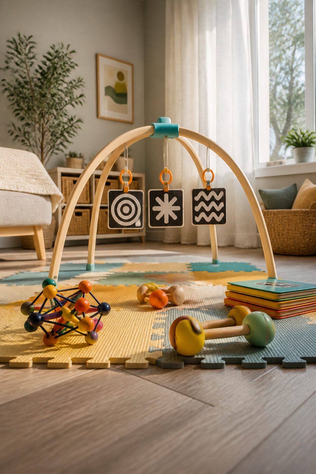 A play gym and foam mat set up for baby playtime.