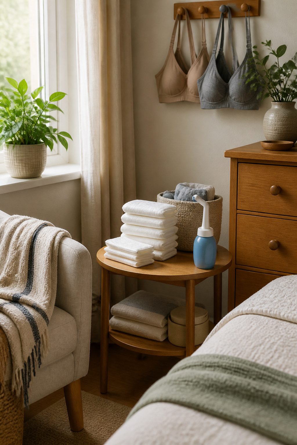 Postpartum pads and a peri bottle arranged in a cozy space.