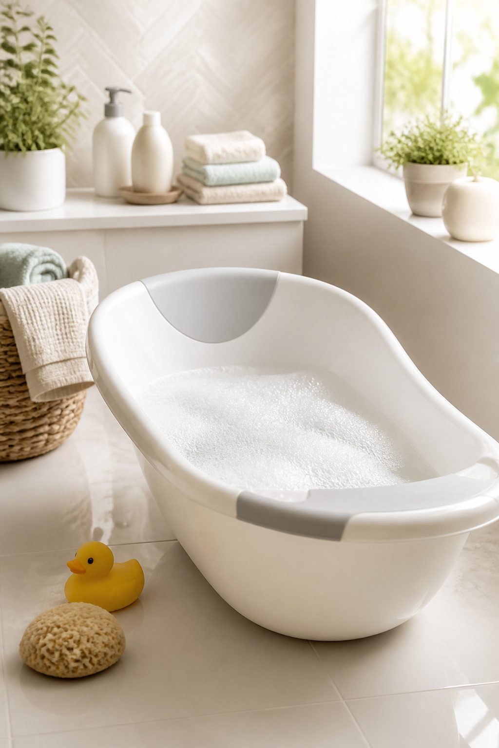 A baby tub, soap, and towels arranged for a bath.
