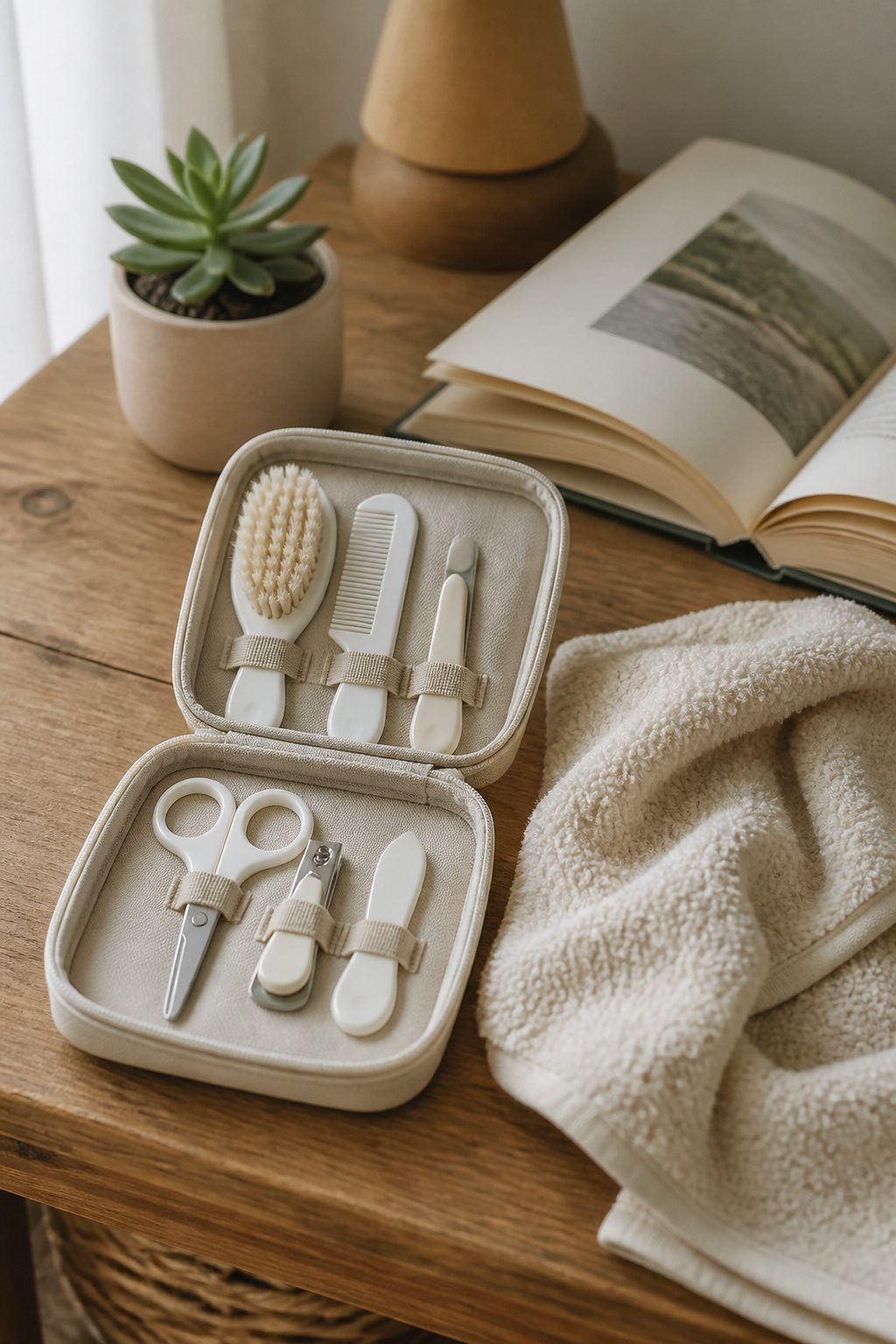 A baby grooming kit arranged with various grooming tools.