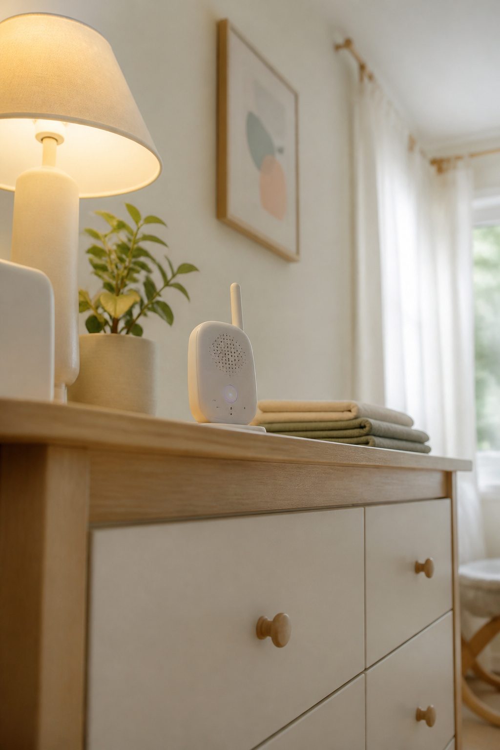 A baby monitor on a dresser in a nursery.
