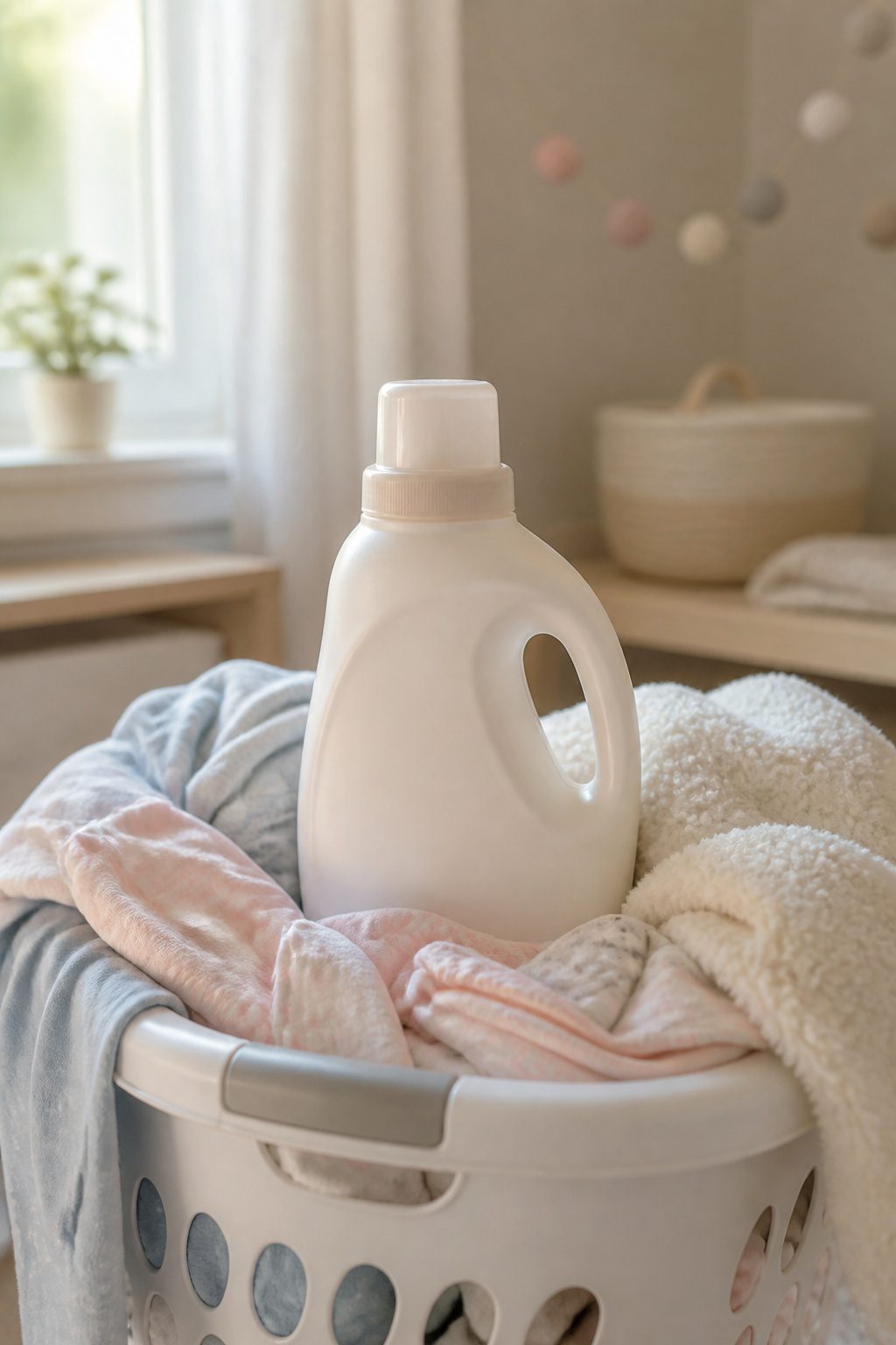 A bottle of baby laundry detergent on a shelf.