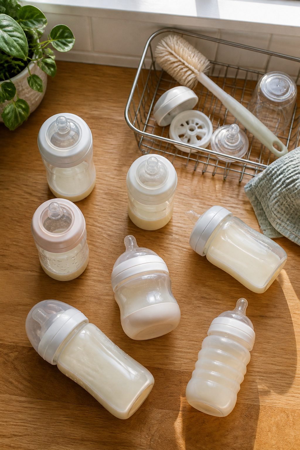 Different brands of baby bottles arranged for selection.