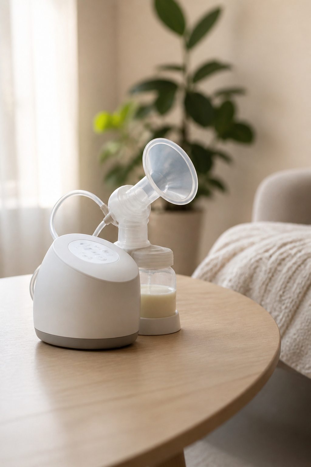 A breast pump on a table with accessories nearby.