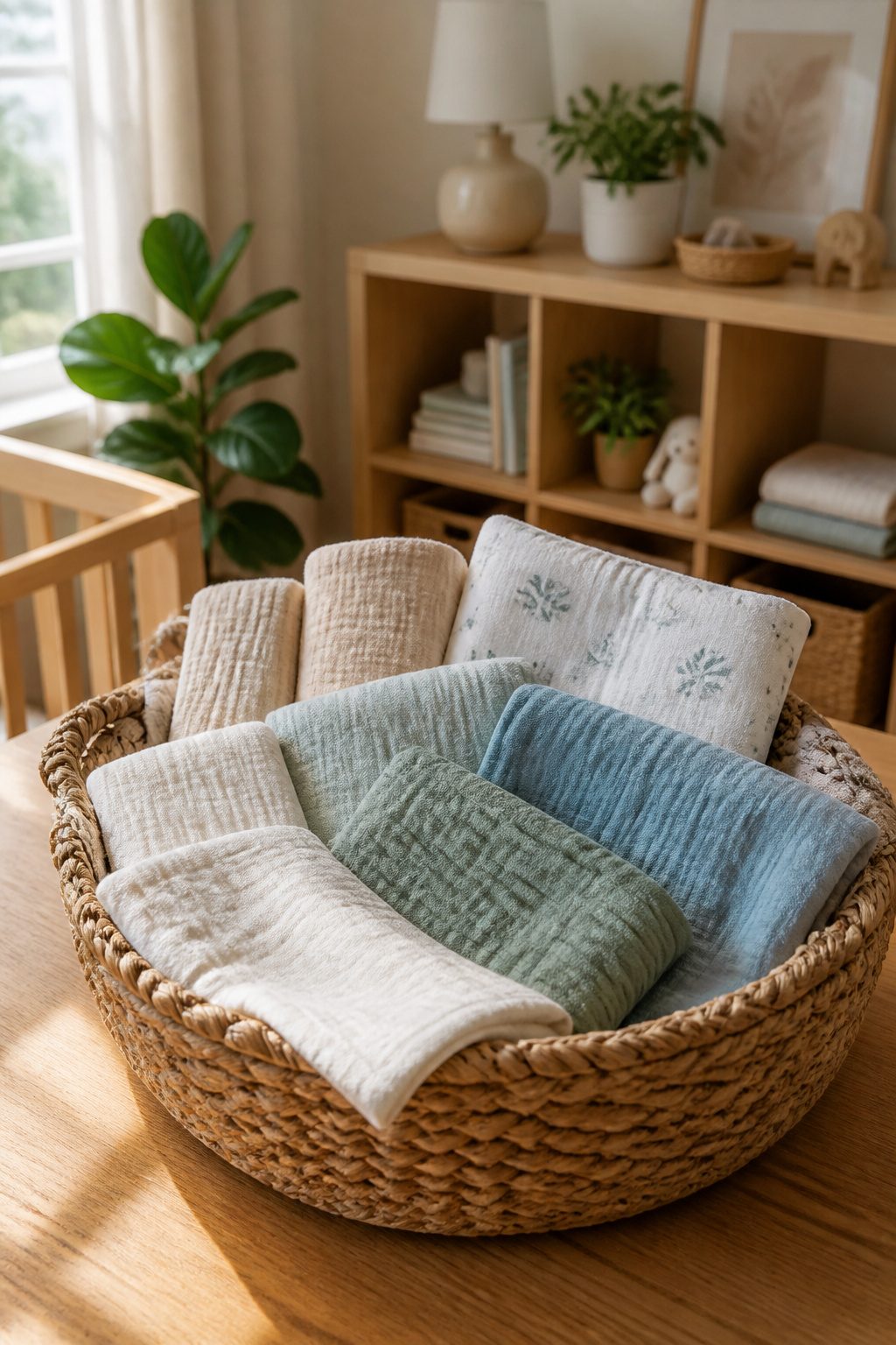 Assorted burp cloths displayed in a woven basket.