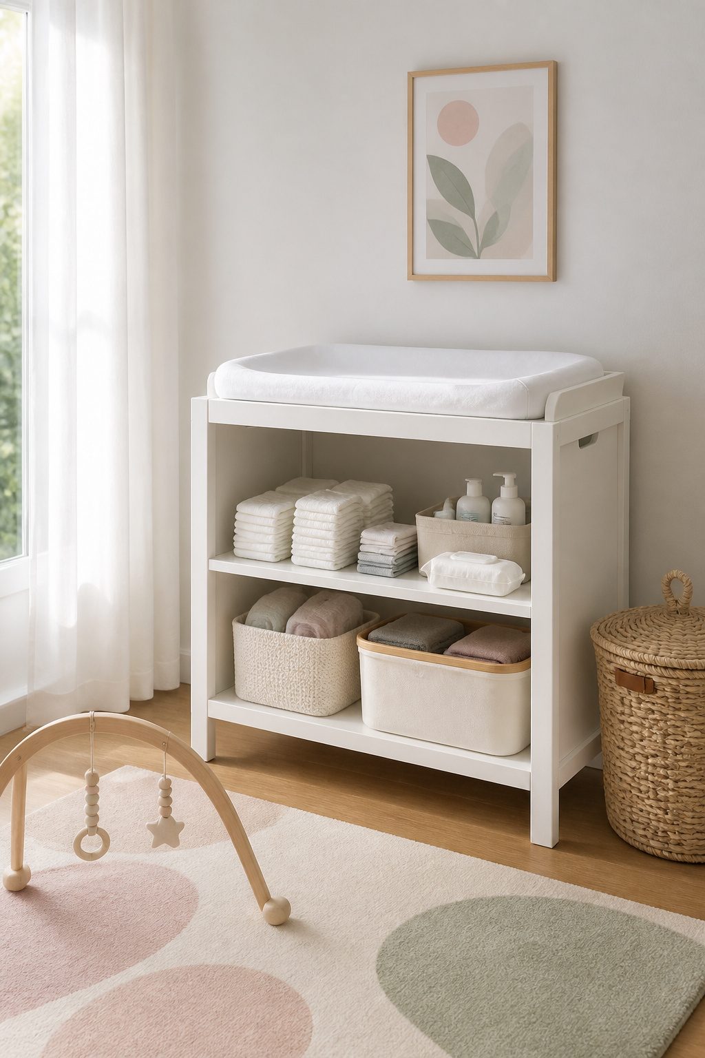 A stylish changing table with a contoured pad and organized supplies.