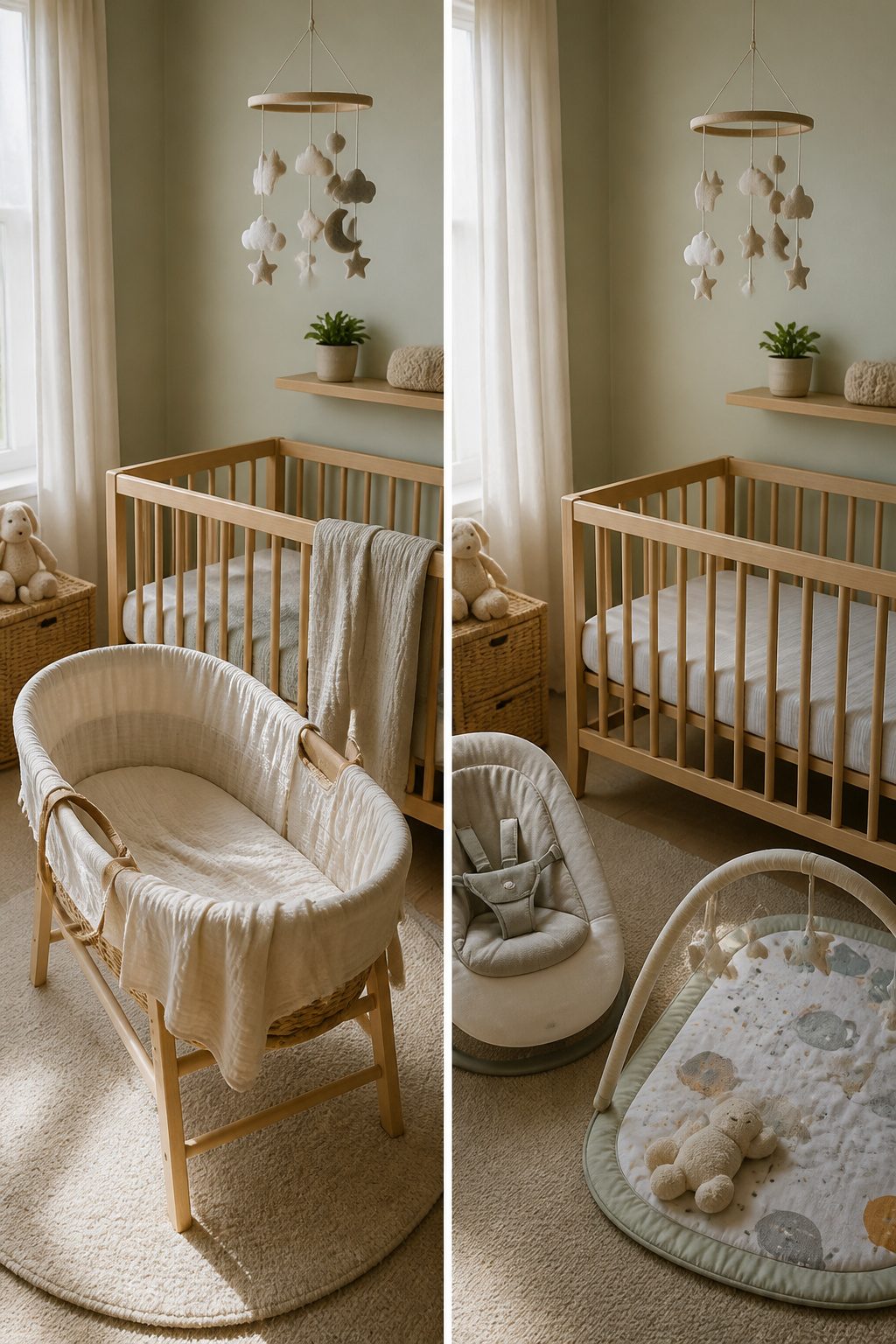 A bassinet and crib set up in a nursery.