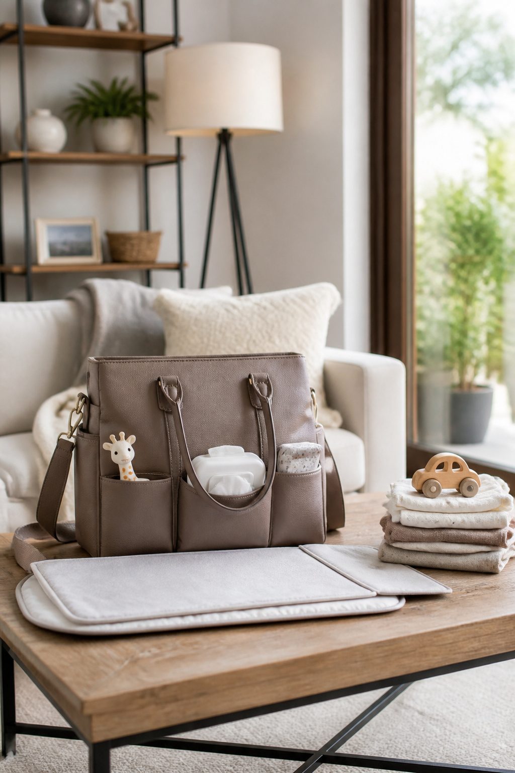 A diaper bag next to a changing mat on a table.