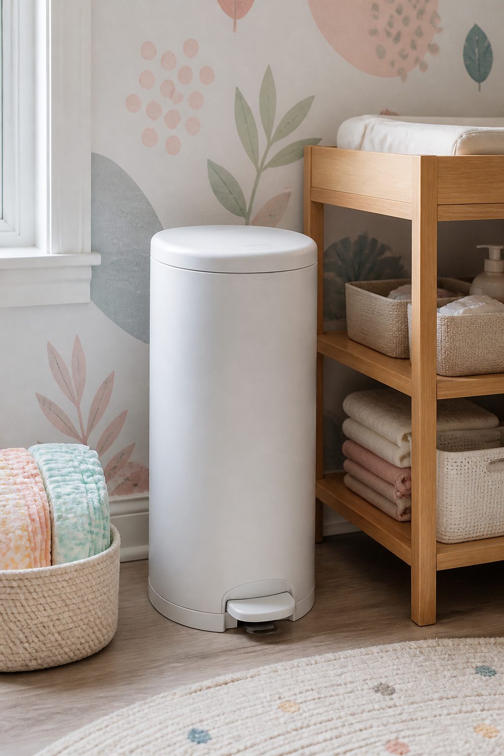 A diaper pail with a foot pedal and a tight lid.