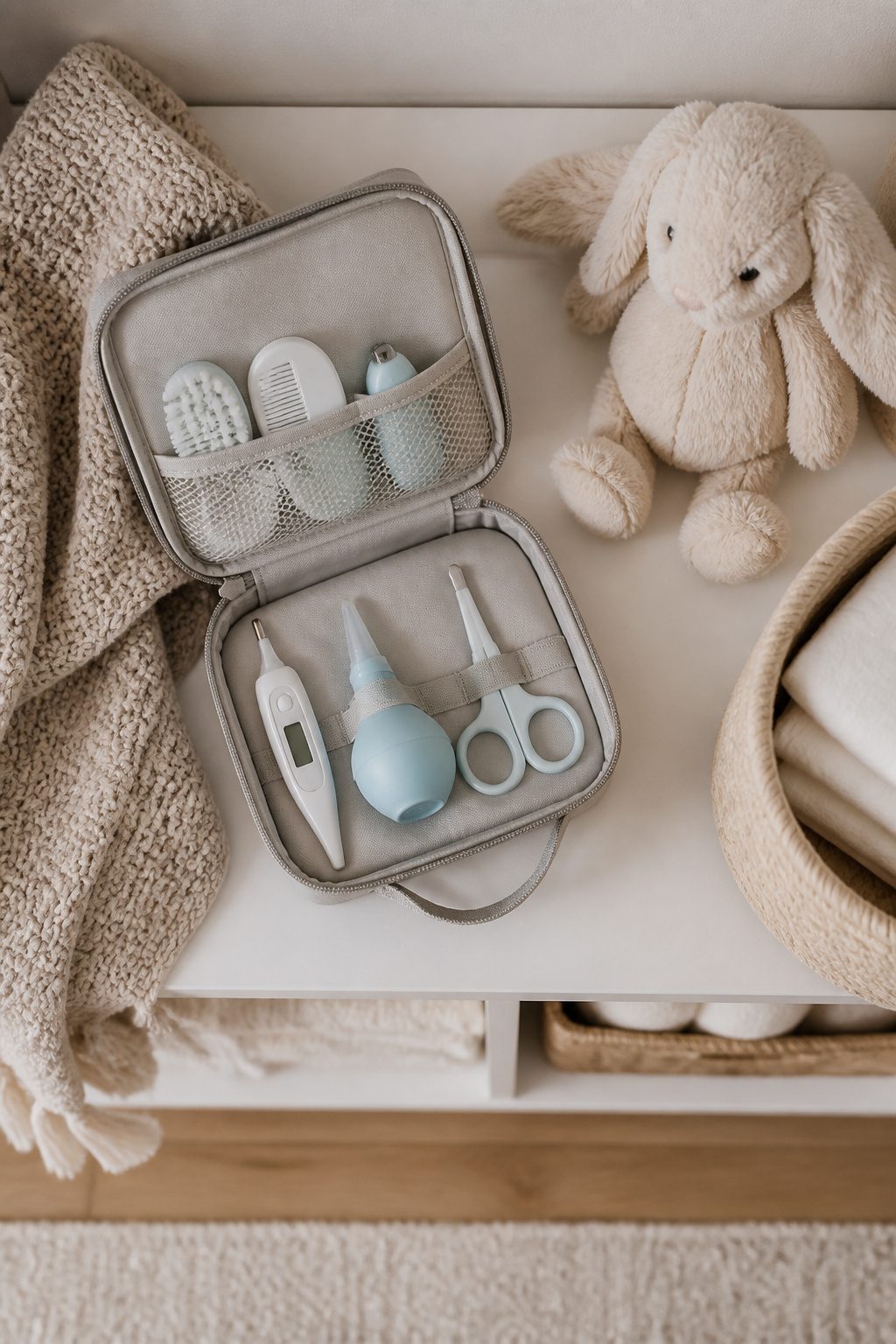 A baby first aid kit with various gentle care items.