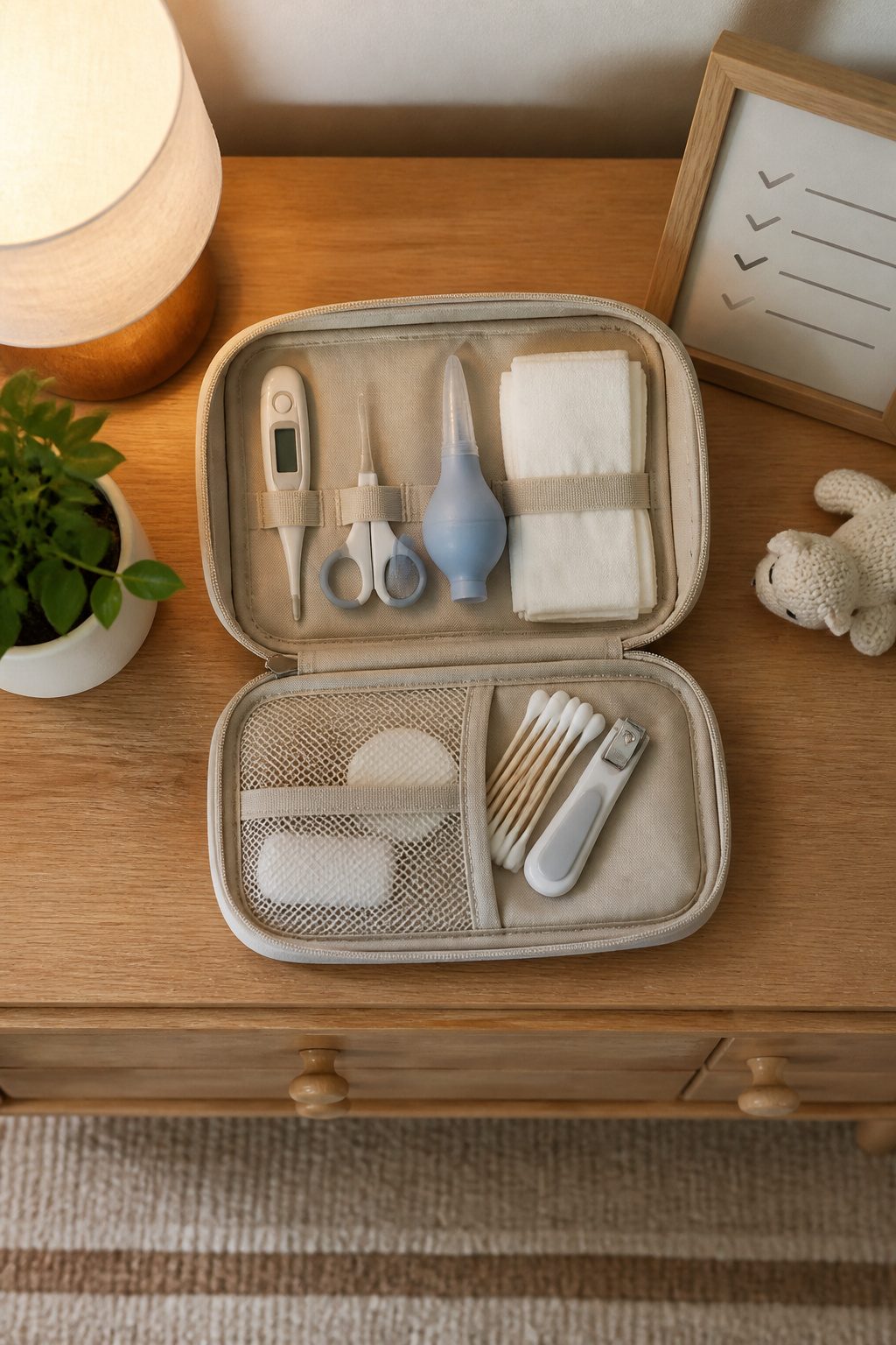 A baby health kit with a thermometer and nasal aspirator.