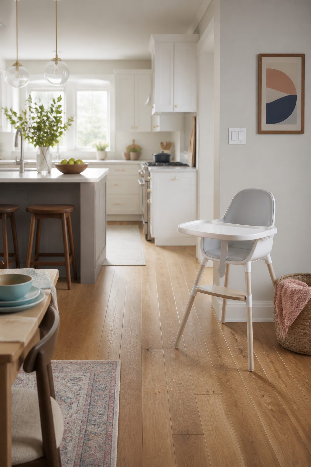A high chair positioned in a kitchen with a removable tray.