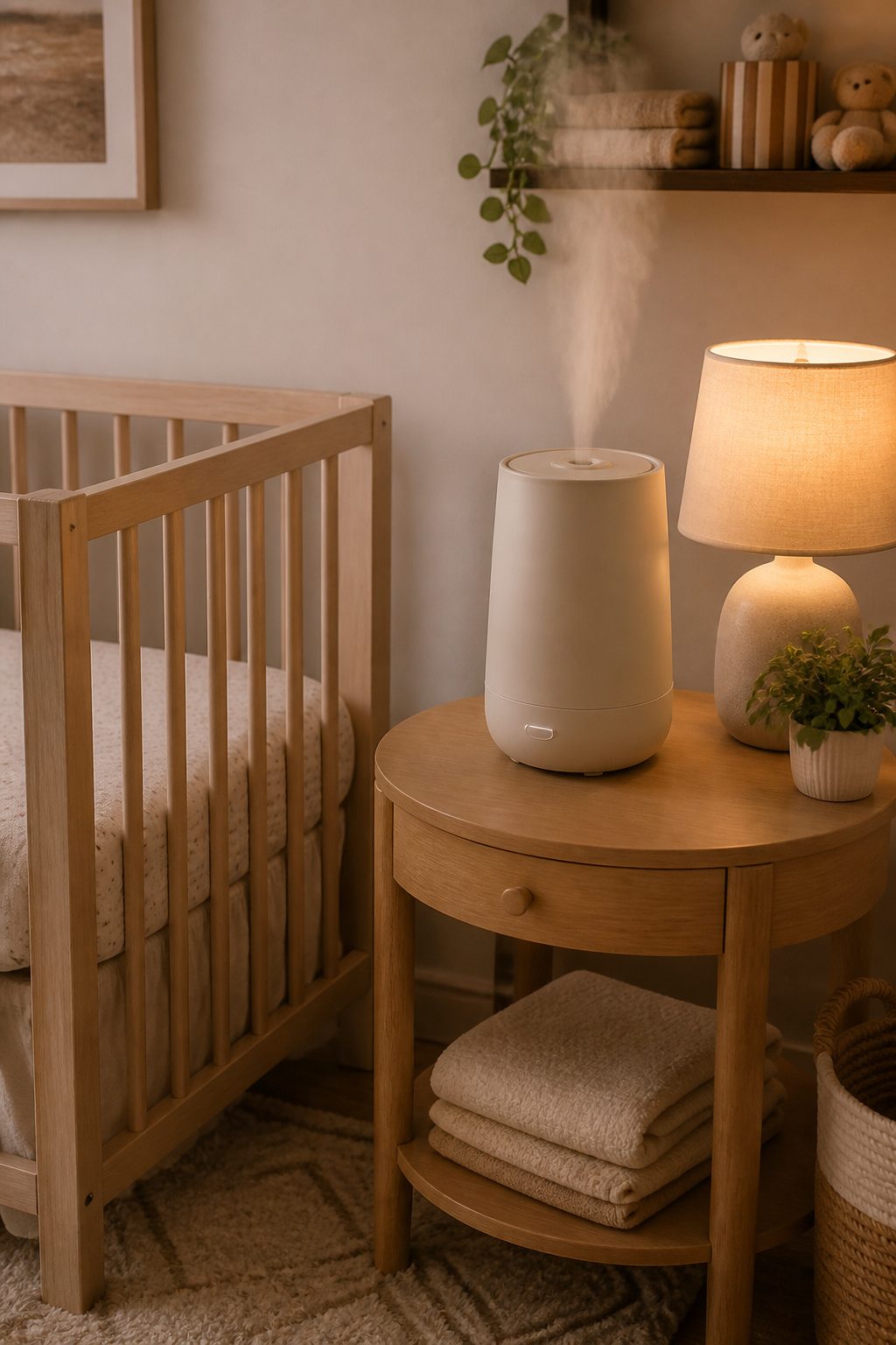 A humidifier on a side table next to a crib.