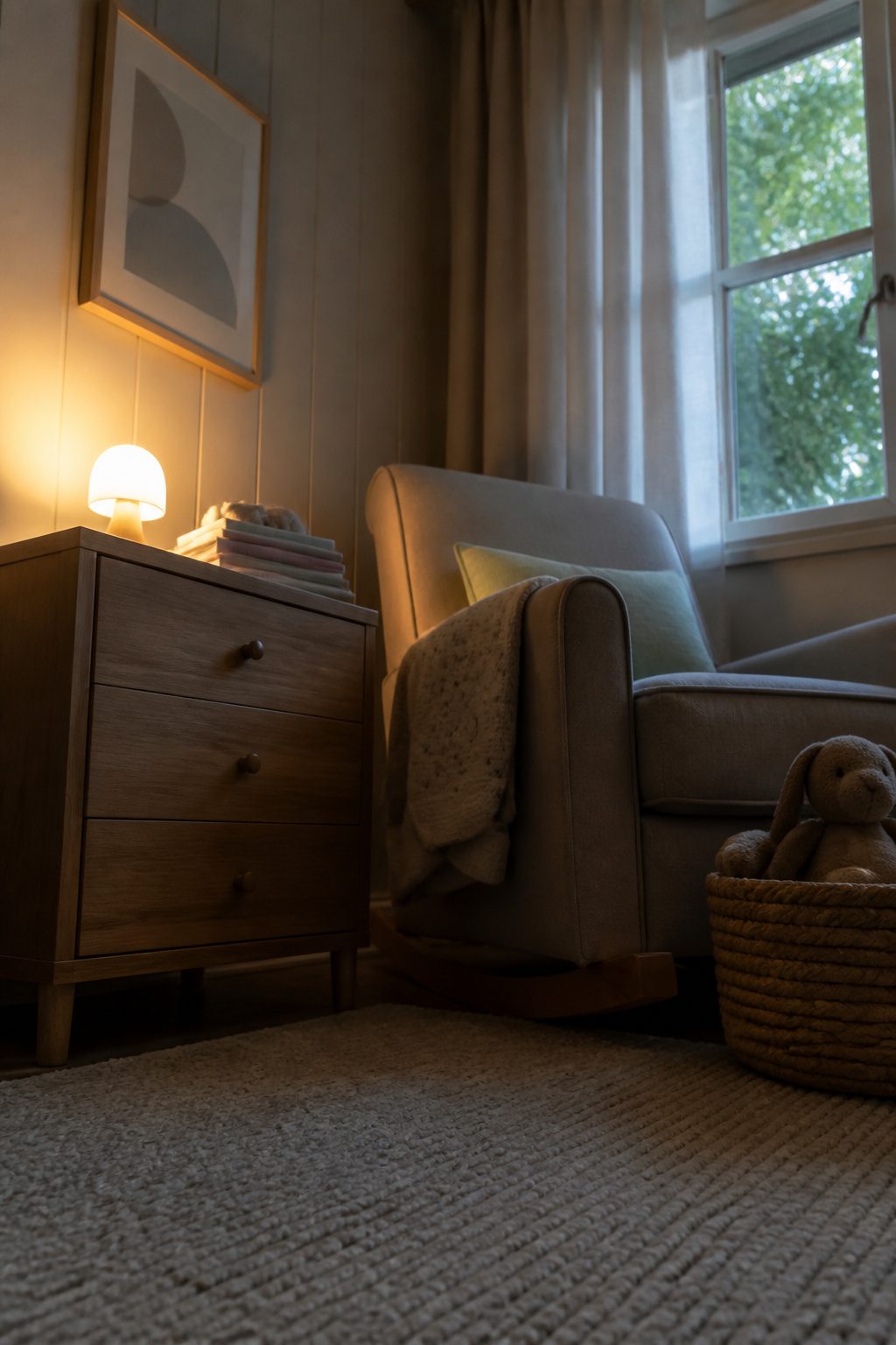 A night light on a nursery nightstand.