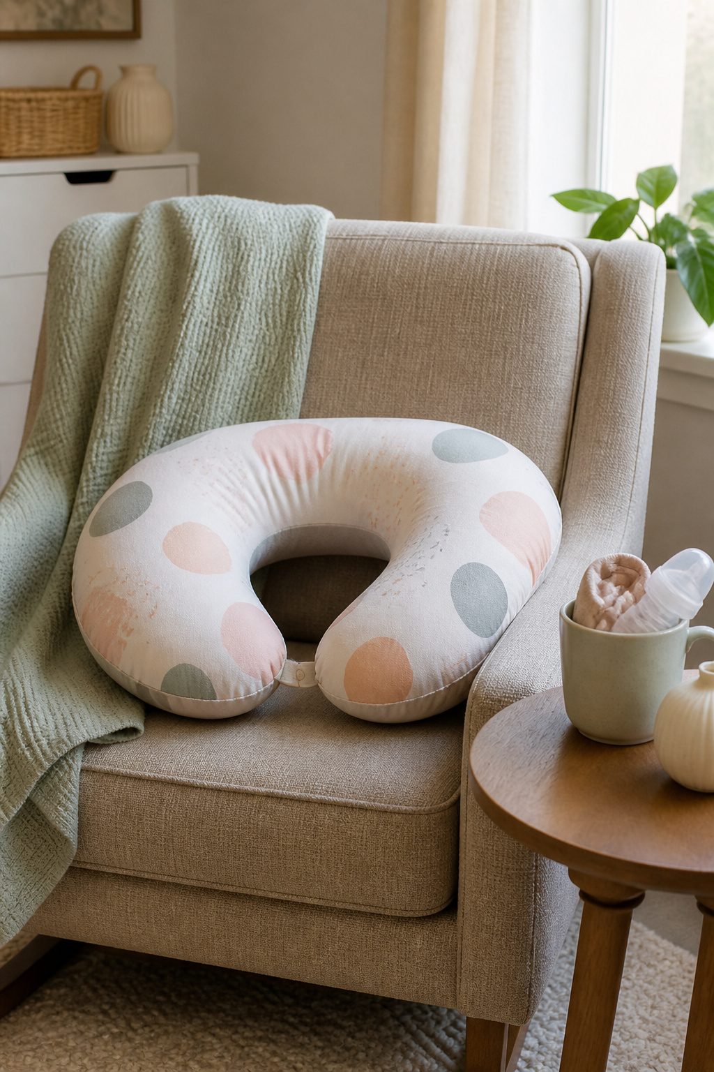 A nursing pillow placed on an armchair in a nursery.