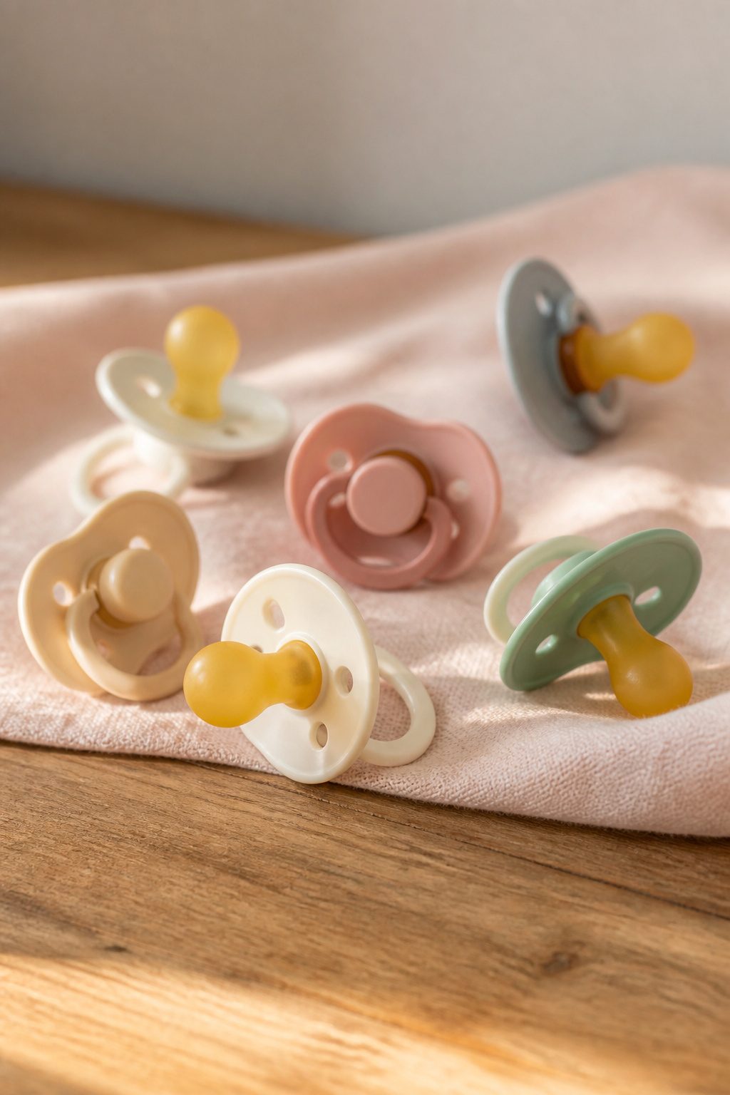 Various pacifiers displayed on a surface.