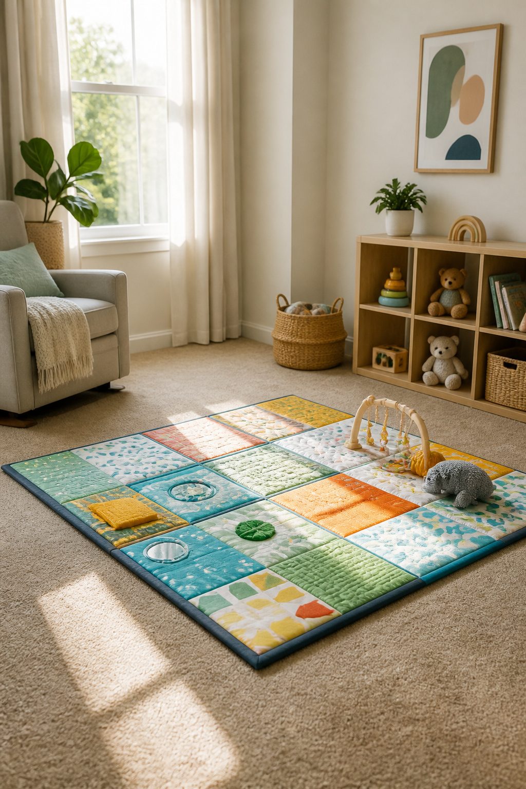 A colorful play mat spread out on a floor.