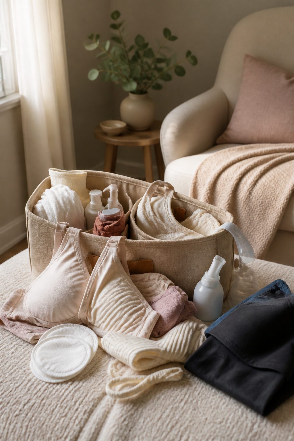 A collection of postpartum items arranged thoughtfully.