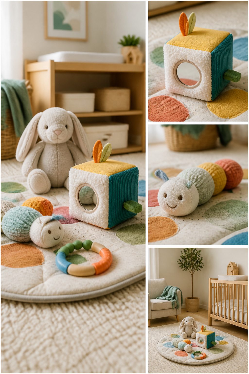 A collection of soft toys and developmental items.