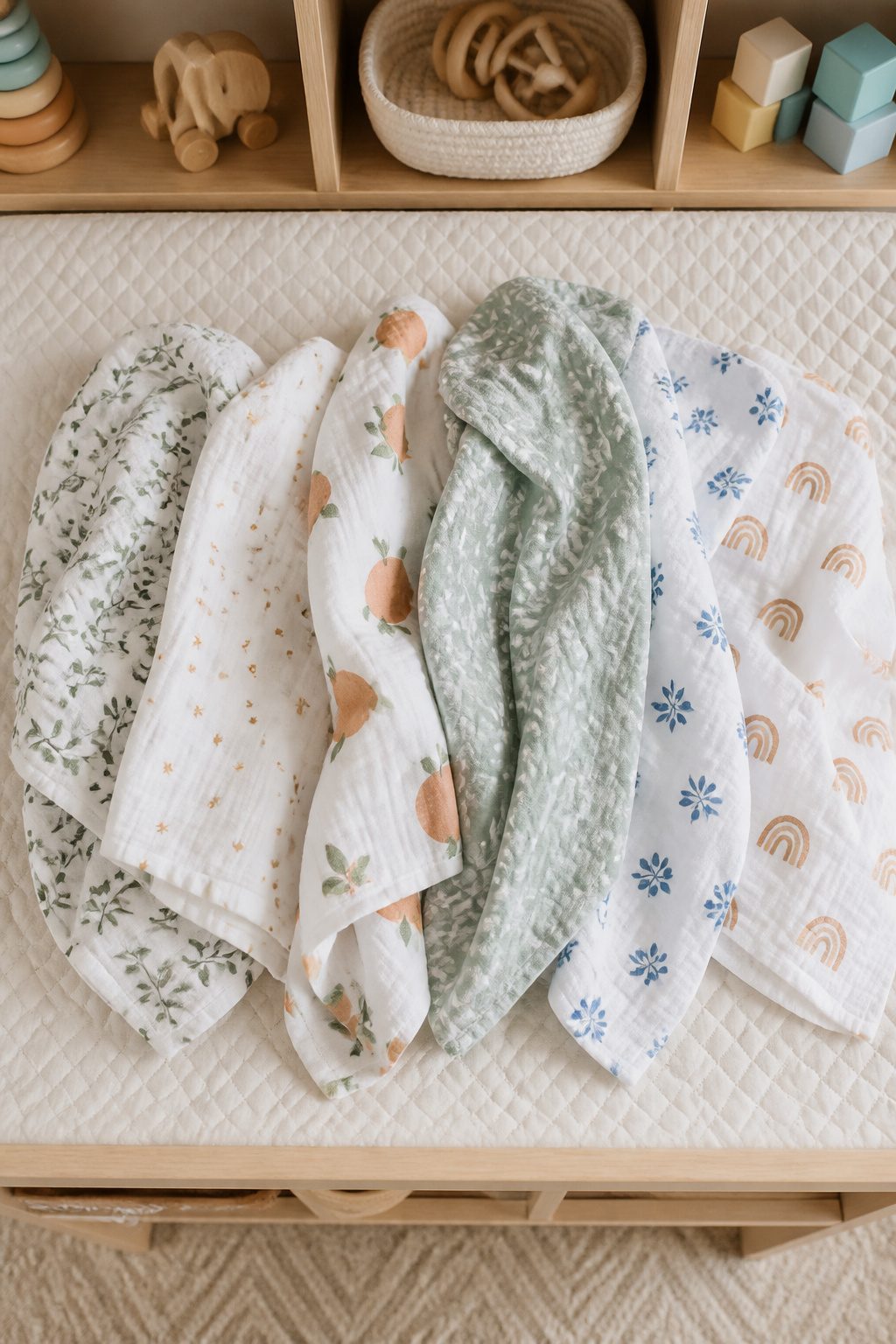 Several swaddle blankets in calming colors on display.