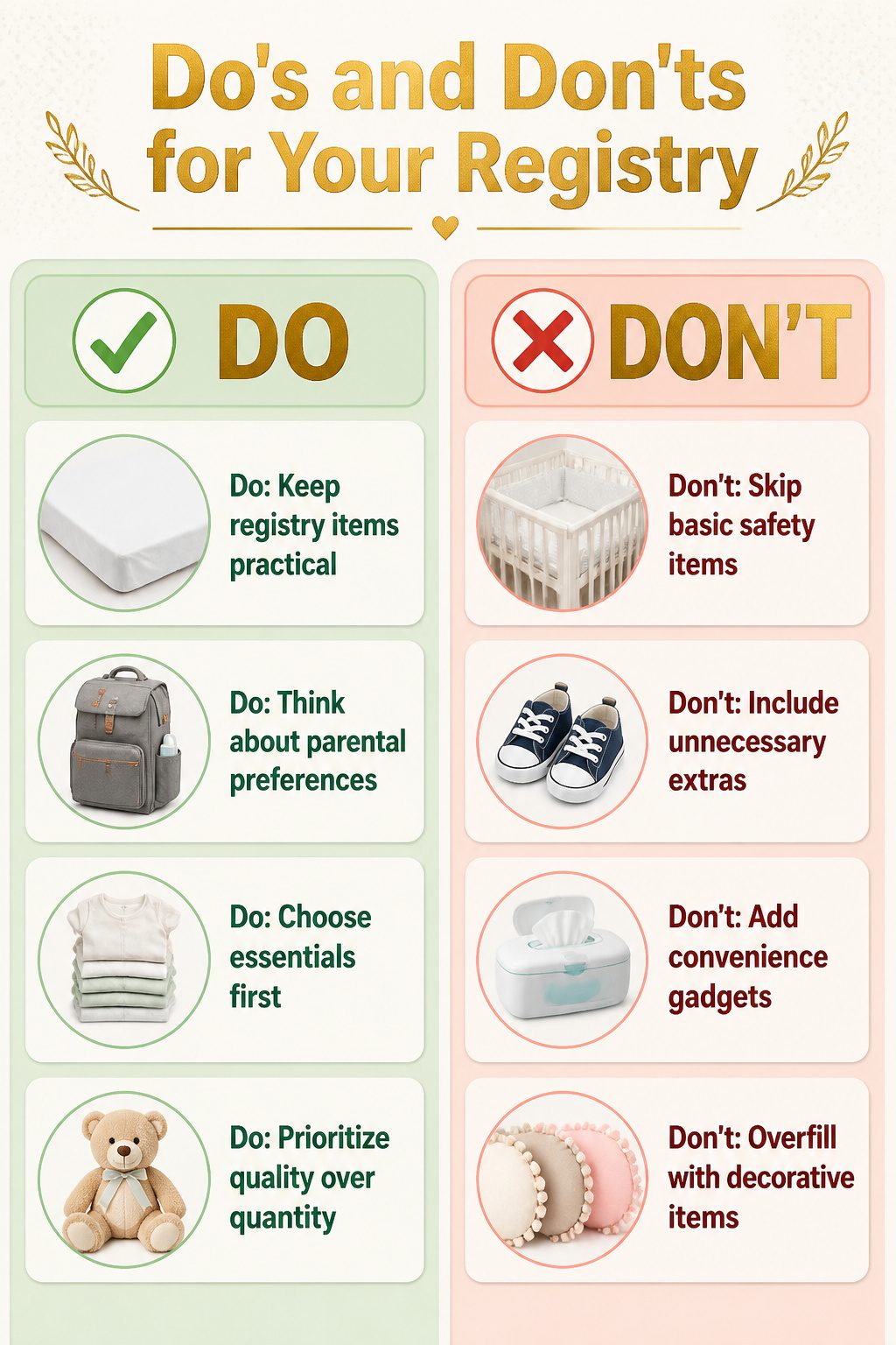 A list of baby registry do's and don'ts displayed.