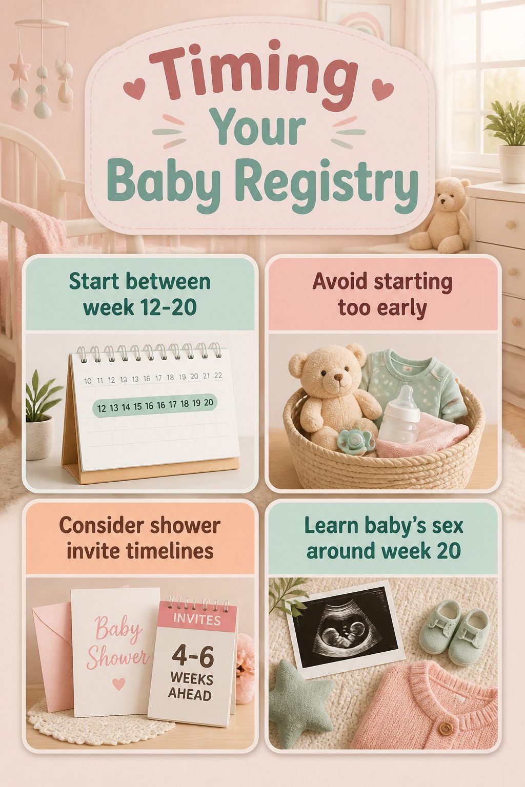An informative image about timing your baby registry.