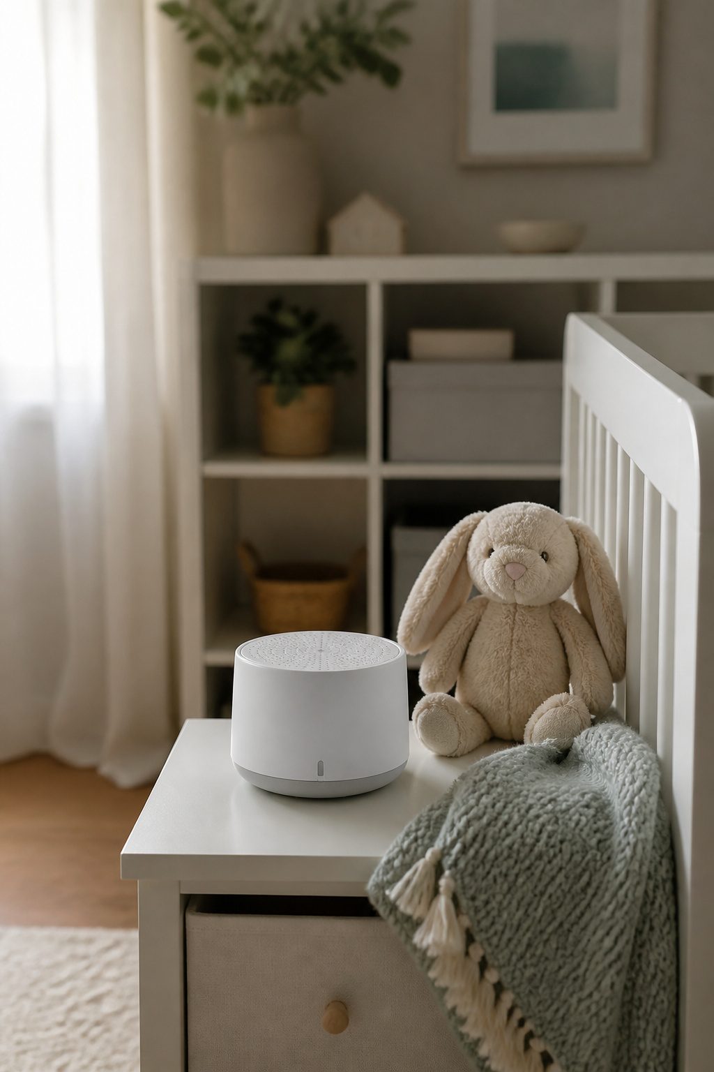 A white noise machine on a nightstand in a nursery.