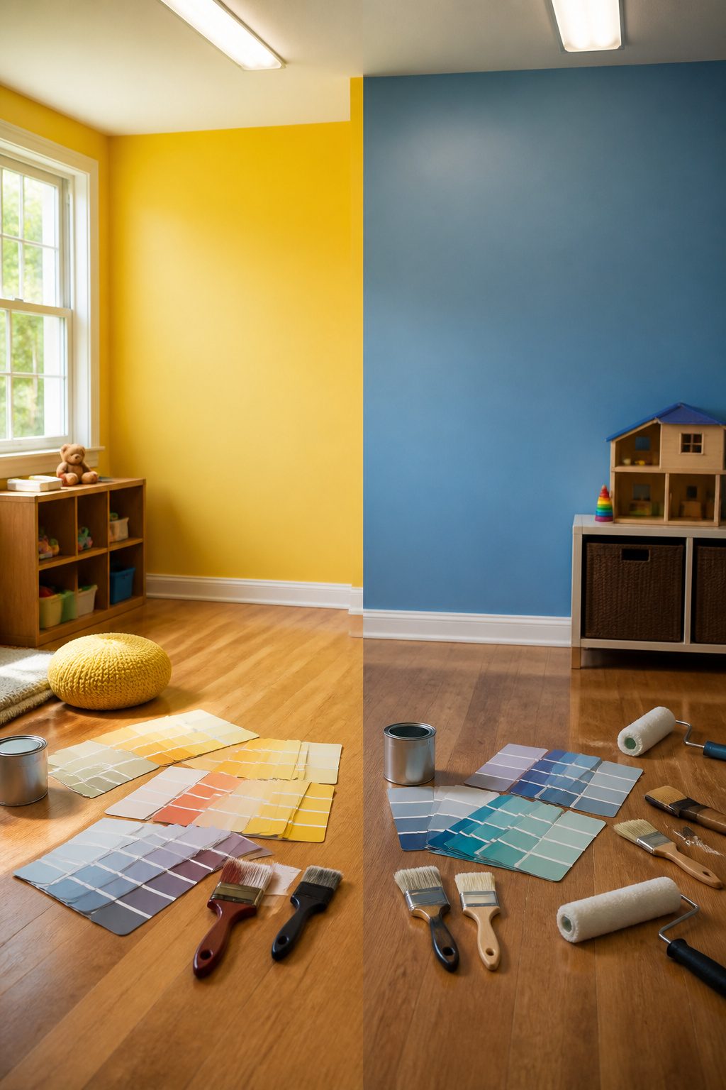 Split view of two distinct color palettes for playrooms
