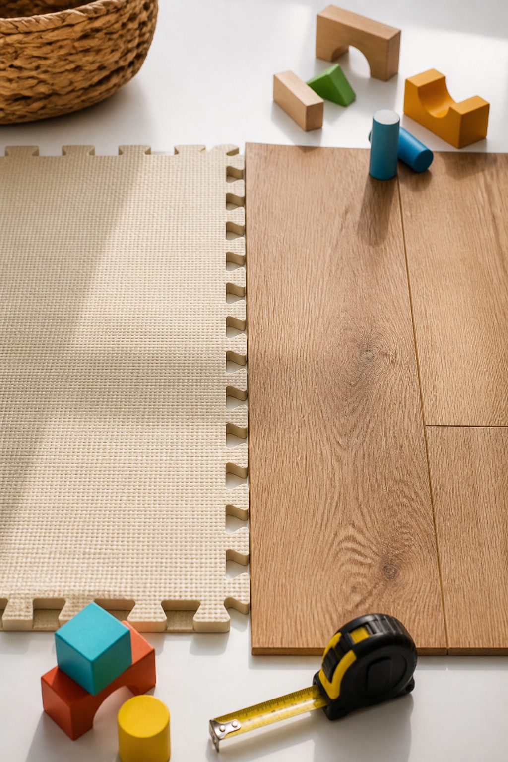 Best Playroom Flooring: 6 Top Picks for Safe, Fun Spaces in 2026 8 Split view of two different flooring materials for playrooms.