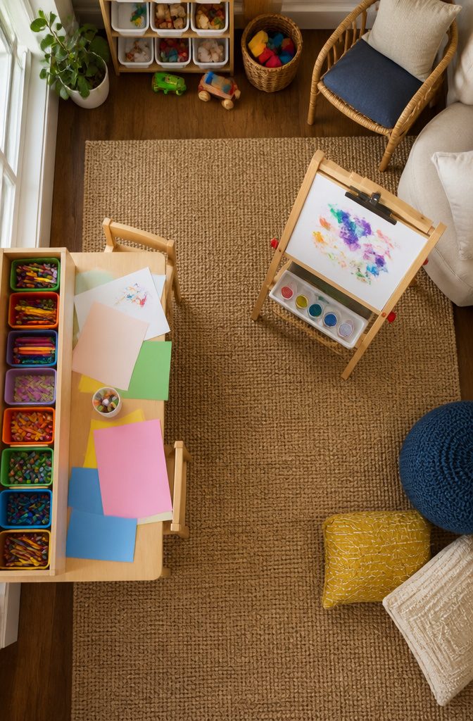 A collection of washable markers and crayons stored in a lidded bin.