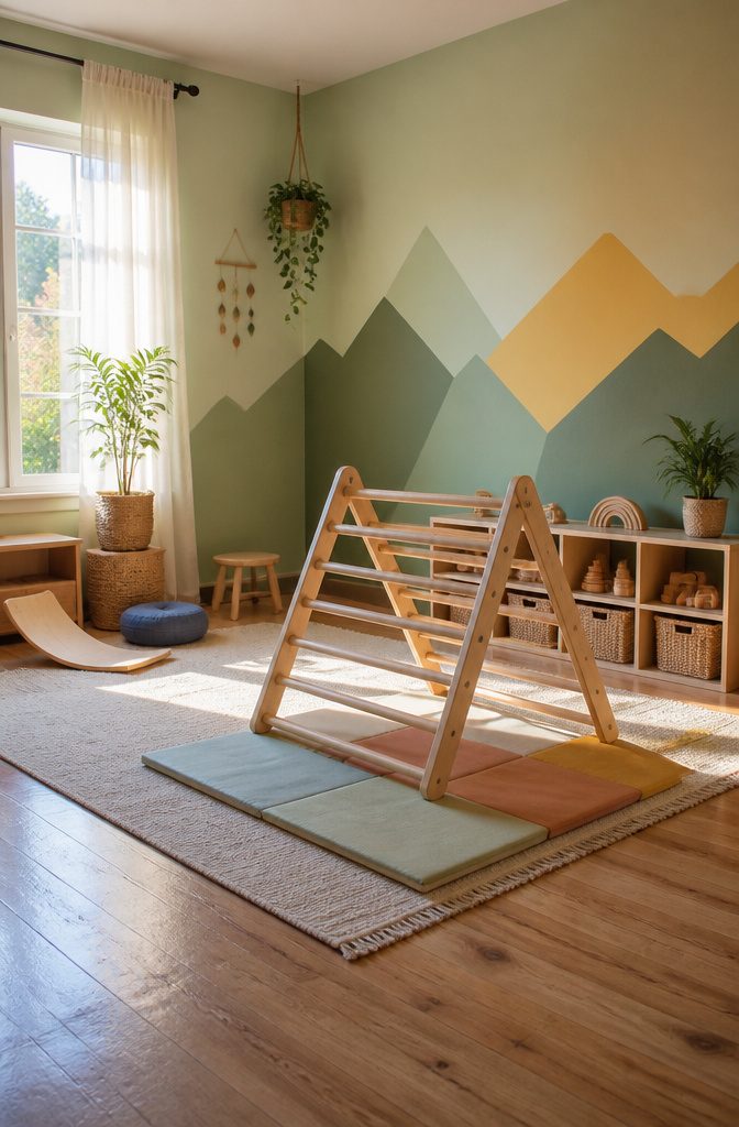 A wooden Pikler triangle set in a playroom for climbing activities.