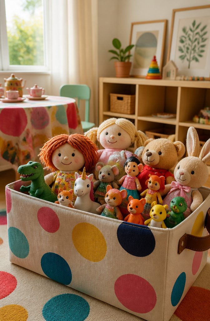 A variety of dolls and animal figurines stored in an open bin for easy access.
