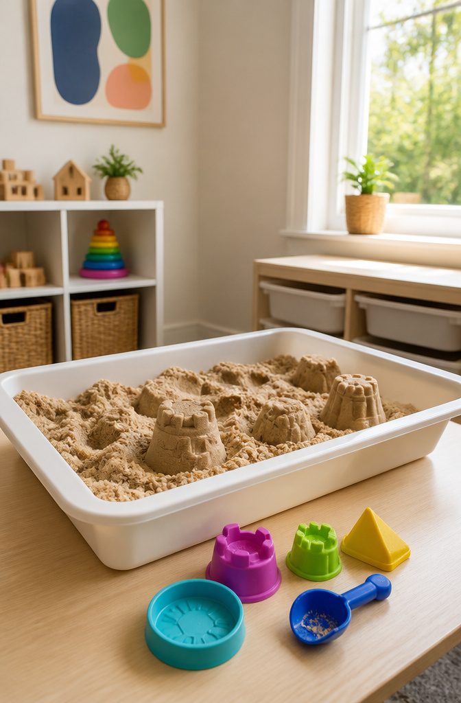 A large bin filled with kinetic sand and colorful molds for creative play.