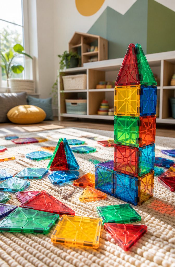 A set of colorful magnetic tiles in various shapes on a play surface.